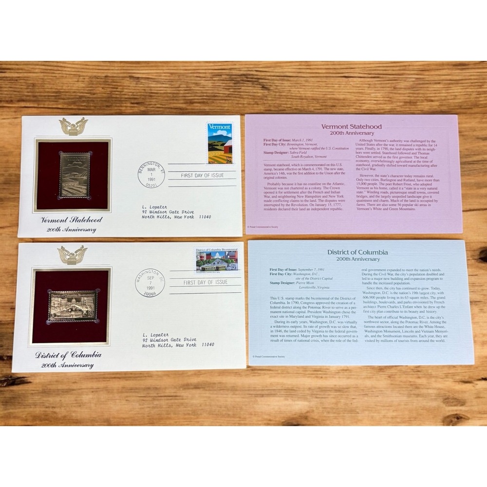 First Day Issue 22k Gold Stamps 200th Anniversary Vermont & District Of Columbia